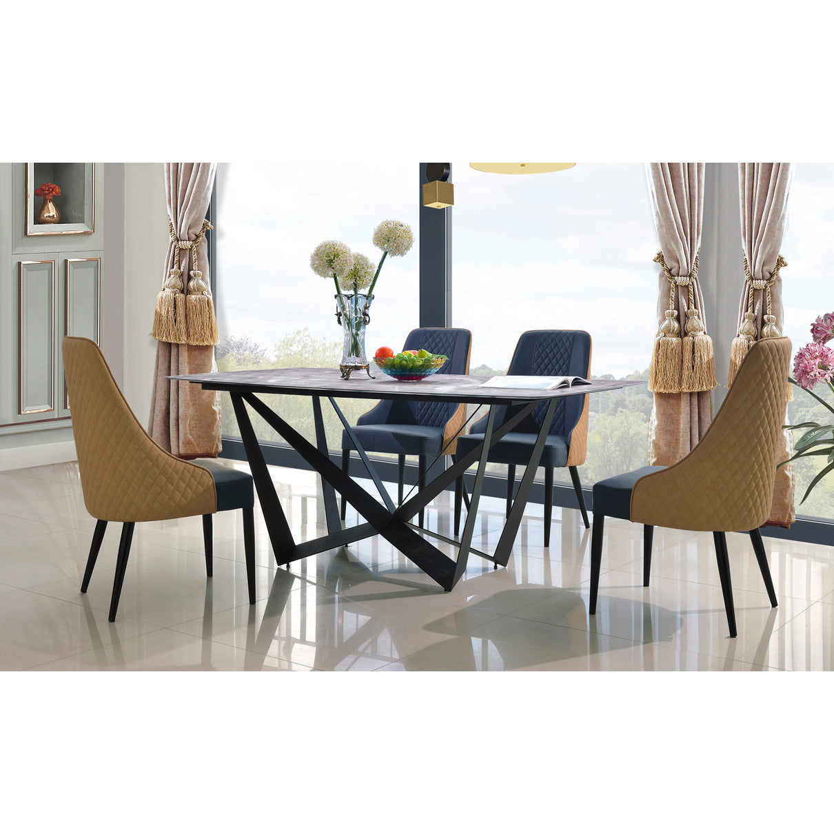 Adelaide PU Dining Chair with Black Metal Legs - Blue & Sand (Set of 2)