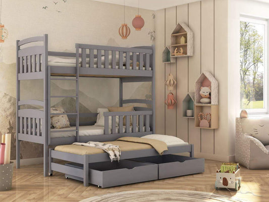 Wooden Bunk Bed Viki with Trundle and Storage in Grey Matt With Foam Mattress