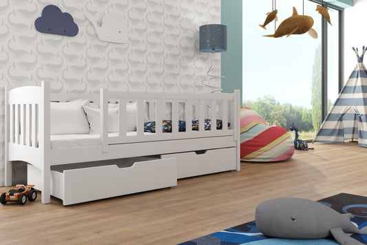 Wooden Single Bed Gucio with Storage in White Matt With Foam Mattress