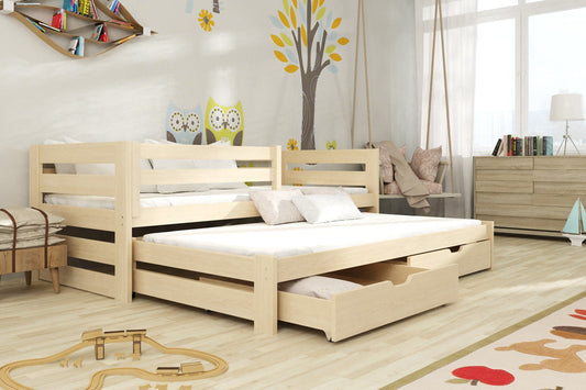 Wooden Double Bed Kubus with Trundle and Storage in Pine Without Mattress