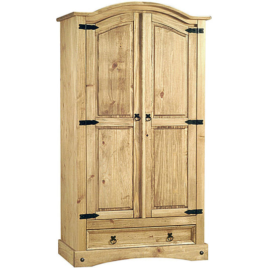 Corona Wardrobe – 2 Doors & 1 Drawer (Distressed Solid Waxed Light Pine)