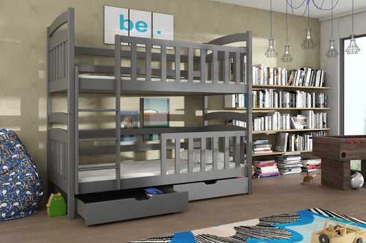 Wooden Bunk Bed Sebus with Storage in Graphite With Foam Mattress