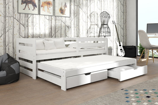 Wooden Double Bed Senso with Trundle and Storage in White Matt With Foam Mattress