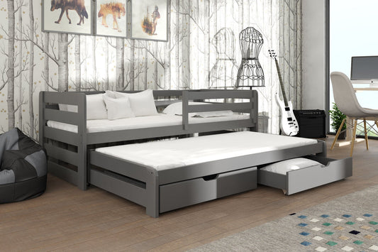 Wooden Double Bed Senso with Trundle and Storage in Graphite With Foam Mattress