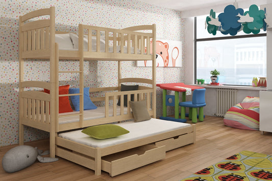 Wooden Bunk Bed Viki with Trundle and Storage in Pine With Foam Mattress