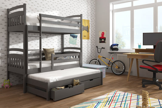 Wooden Bunk Bed Alan with Trundle and Storage in Graphite With Foam Mattress