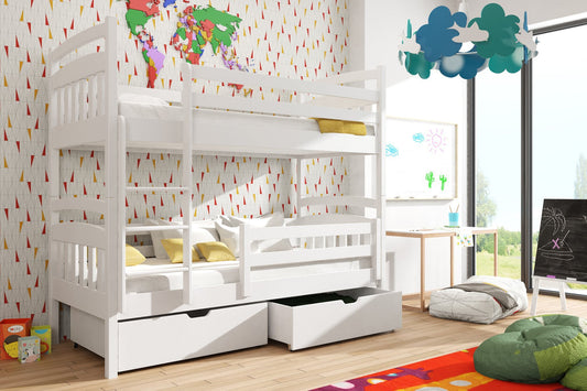 Wooden Bunk Bed Gabi with Storage in White Matt With Foam Mattress