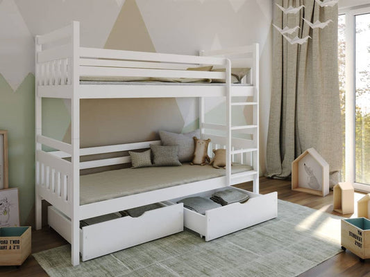 Wooden Bunk Bed Adas with Storage in White Matt With Foam Mattress