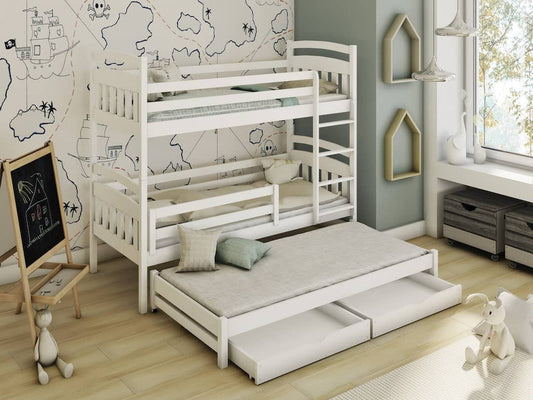 Wooden Bunk Bed Alan with Trundle and Storage in White Matt With Foam Mattress