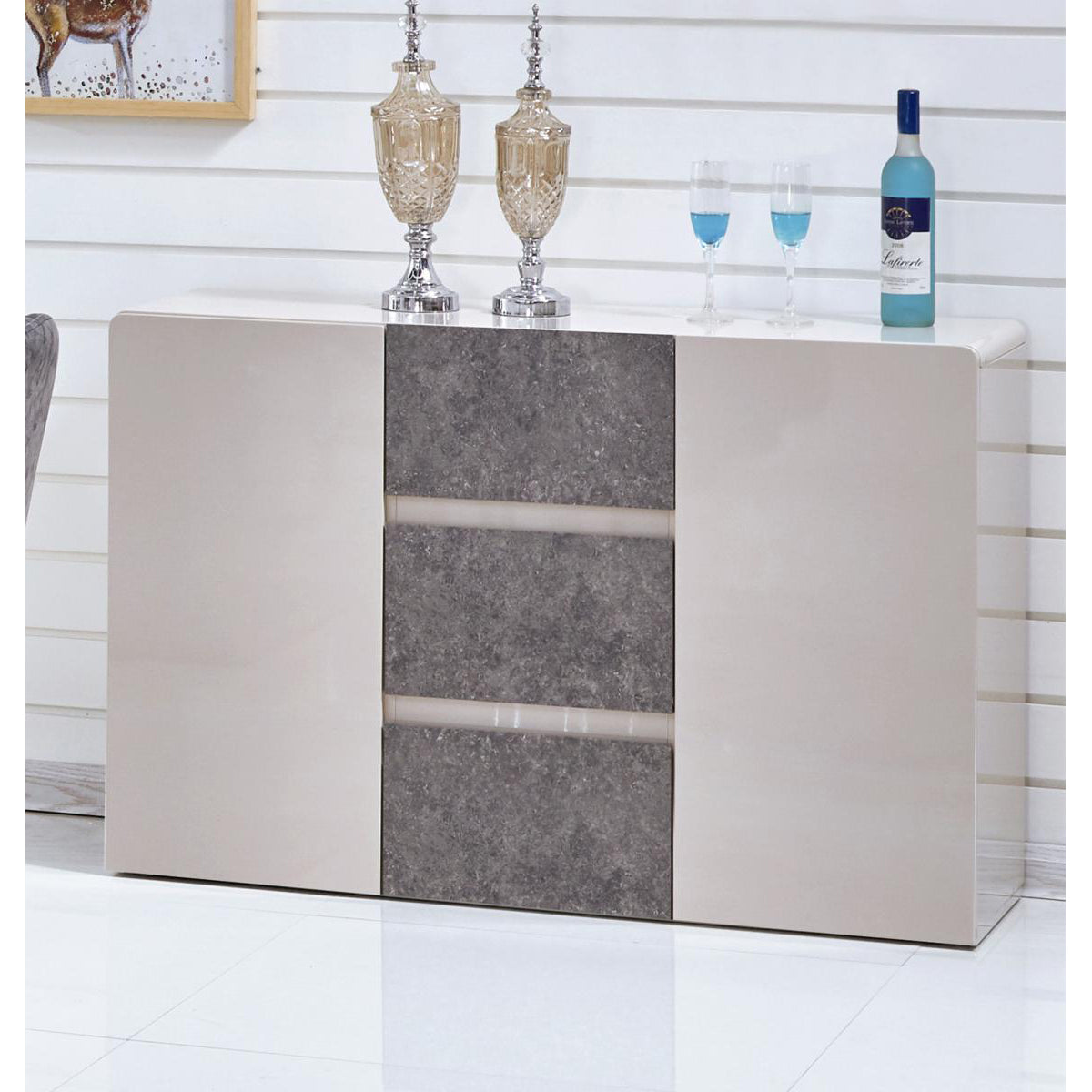 Belarus High Gloss Sideboard - Cream & Stone Effect