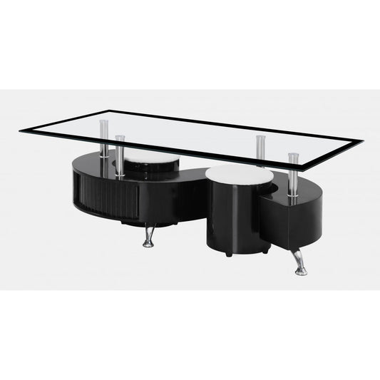 Boule Black High Gloss Coffee Table with Black Border Glass (Includes 2 Stools)