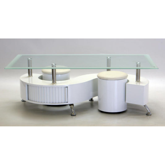 Boule White High Gloss Coffee Table with White Border Glass (Includes 2 Stools)