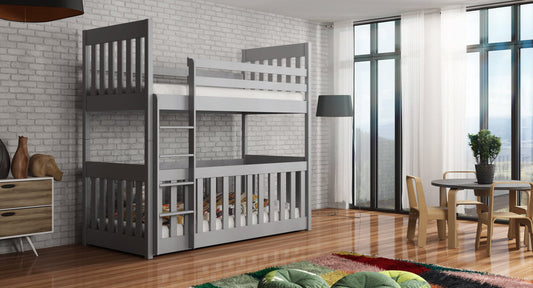 Wooden Bunk Bed Cris with Cot Bed in Grey Matt with Bonnell Mattress