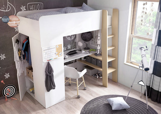 Tom TM-01 Bunk Bed with Computer Desk and Wardrobe in White Matt