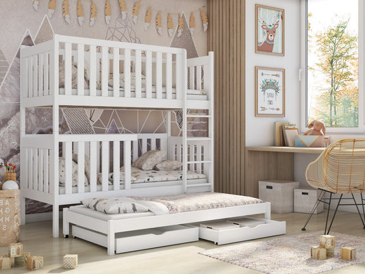 Wooden Bunk Bed Emily with Trundle and Storage in White Matt Without Mattress