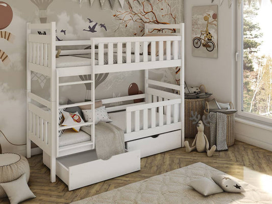 Wooden Bunk Bed Monika with Storage in White Matt With Foam Mattress