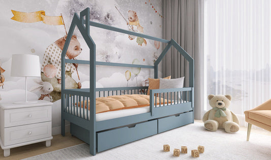 Wooden Single Bed Oskar Bed With Storage in Grey With Foam Mattress