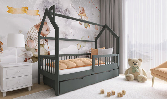 Wooden Single Bed Oskar Bed With Storage in Graphite With Foam Mattress