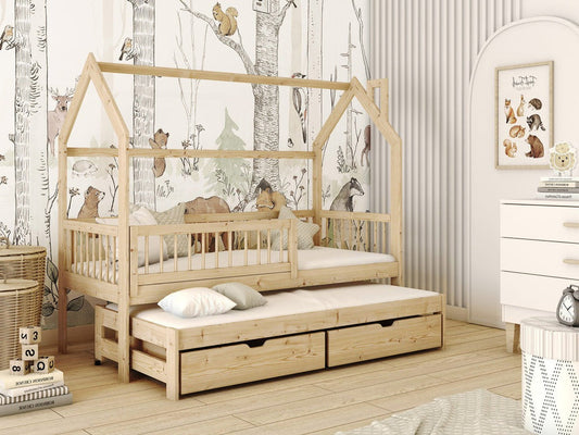 Wooden Single Bed Papi With Trundle in Pine With Foam Mattress