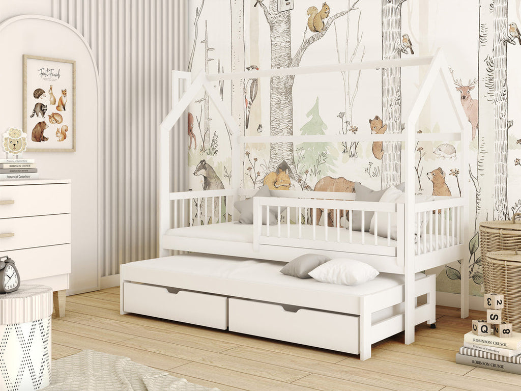 Wooden Single Bed Papi With Trundle in White Matt Without Mattress