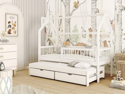 Wooden Single Bed Papi With Trundle in White Matt Without Mattress