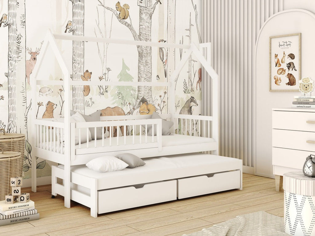 Wooden Single Bed Papi With Trundle in White Matt Without Mattress