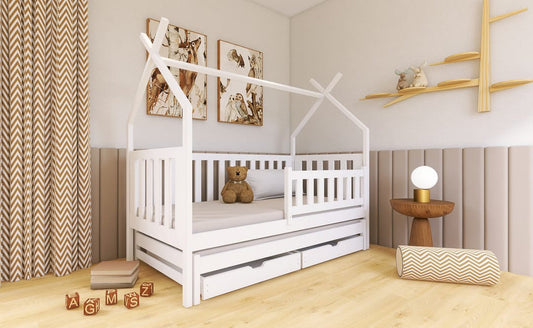 Wooden Single Bed Tytus With Trundle in White Matt With Foam Mattress