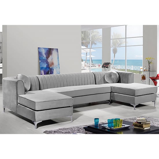 Asbury U-Shape Plush Velvet Corner Sofa In Silver