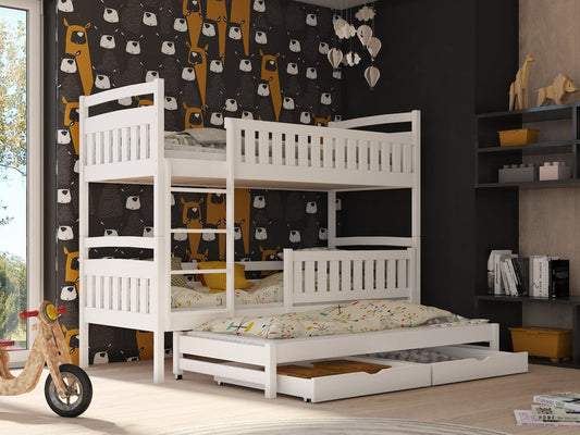 Wooden Bunk Bed Blanka with Trundle and Storage in White Matt With Foam Mattress