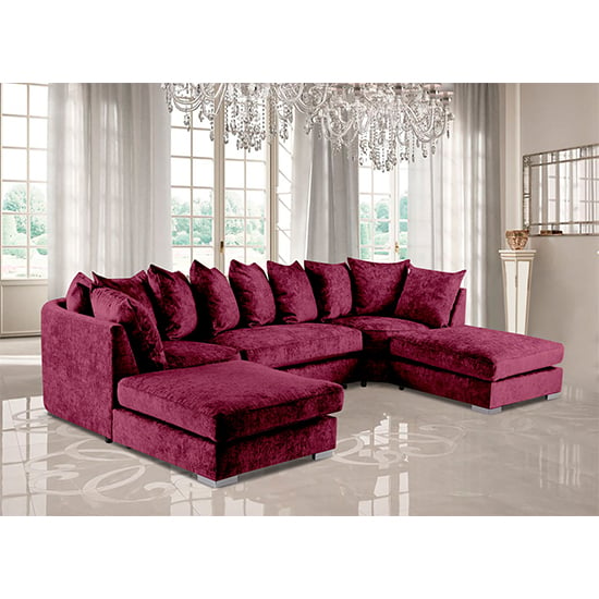 Boise U-Shape Chenille Fabric Corner Sofa In Aubergine