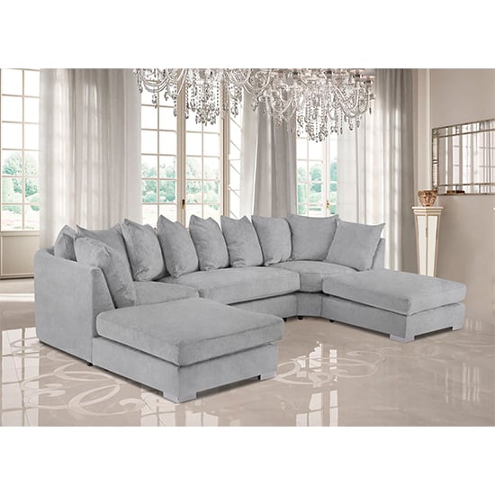 Boise U-Shape Plush Velour Fabric Corner Sofa In Silver