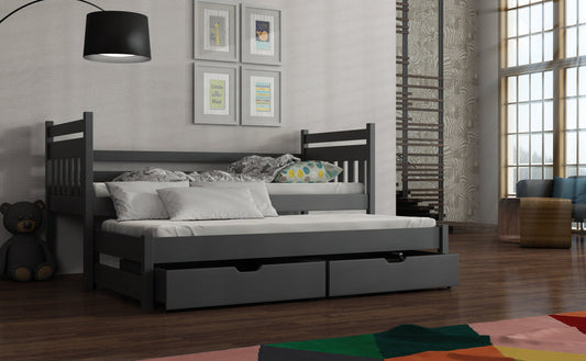 Wooden Double Bed Daniel with Trundle and Storage in Graphite With Foam Mattress