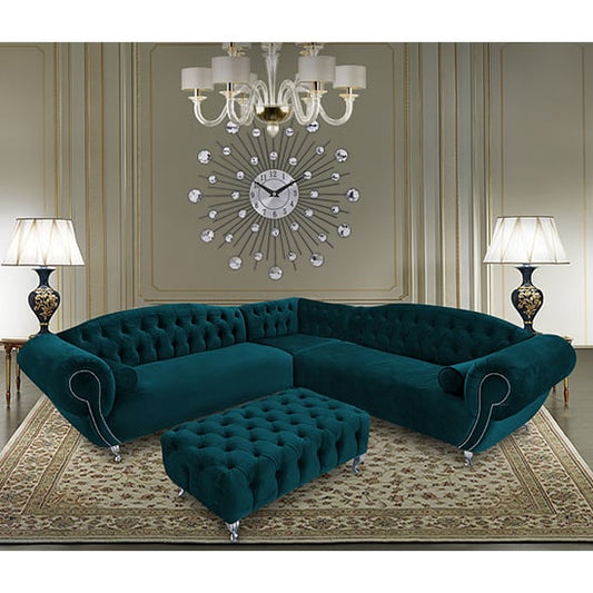 Huron Malta Plush Velour Fabric Corner Sofa In Emerald