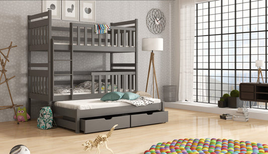 Wooden Bunk Bed Klara with Trundle and Storage in Graphite With Foam Mattress