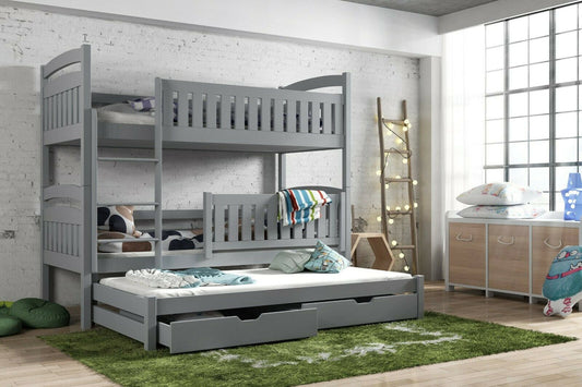 Wooden Bunk Bed Blanka with Trundle and Storage in Grey With Foam Mattress