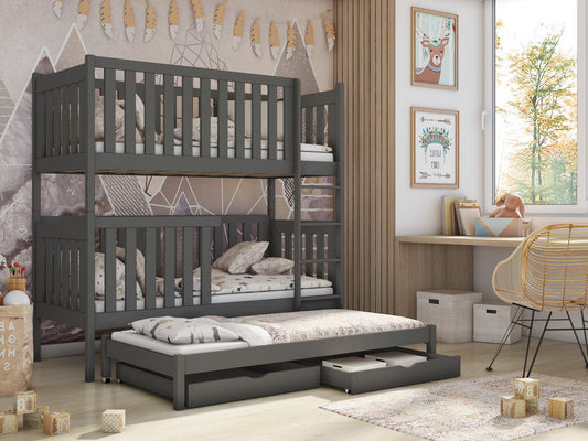 Wooden Bunk Bed Emily with Trundle and Storage in Graphite With Foam Mattress