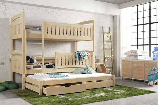 Wooden Bunk Bed Blanka with Trundle and Storage in Pine With Foam Mattress