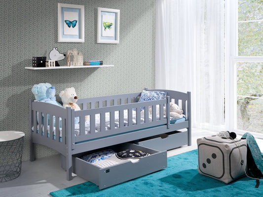 Wooden Single Bed Gucio with Storage in Grey Matt With Foam Mattress