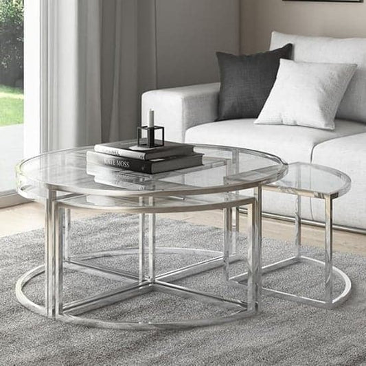 Ongar Grande Glass Coffee Table Set With Stainless Steel Base