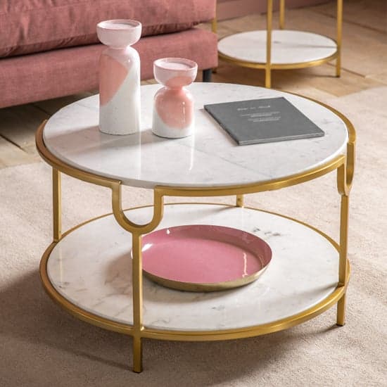 Tombstone White Marble Coffee Table With Gold Metal Frame