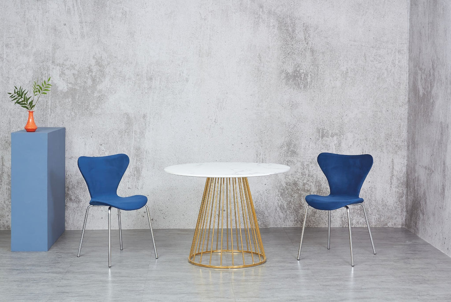 White Liverpool  Marble Effect Dining Table with 2 Navy Velvet Chairs