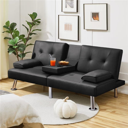 ZEKE Black PU Leather Sofa bed-Chromed Legs 2 Seater Versatile Sofa