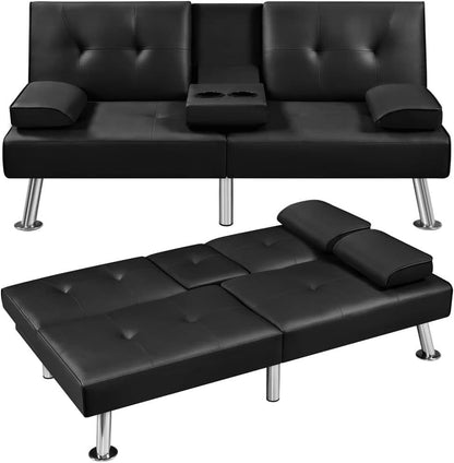 ZEKE Black PU Leather Sofa bed-Chromed Legs 2 Seater Versatile Sofa