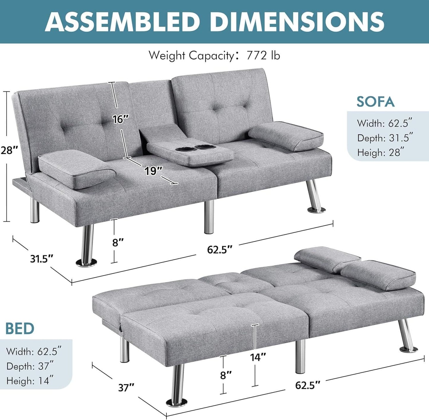 ZEKE Grey Fabric Sofa bed-Chromed Legs 2 Seater Versatile Sofa